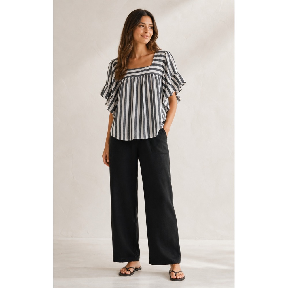 Beach Lunch Lounge Top Womens Small Gray White Stripe Linen Cotton Ruffle Sleeve